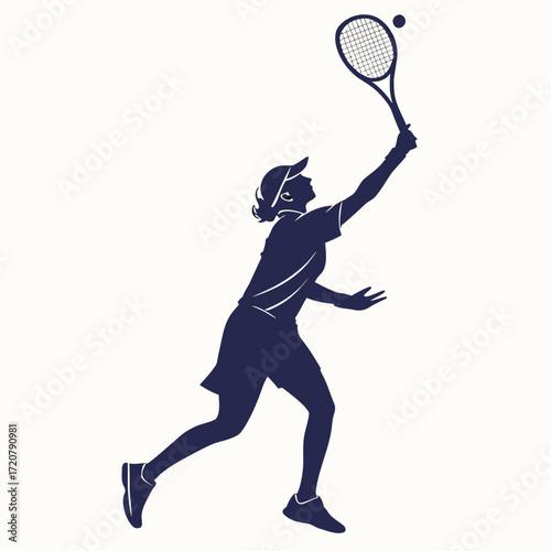 Vector art of silhouette of a female tennis player in action, hitting a forehand shot