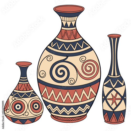 Vector art of three ancient greek pottery vases with geometric patterns and spiral motifs