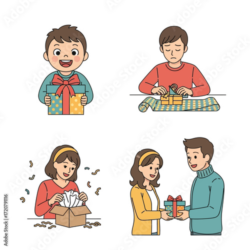 Four illustrations showing a boy receiving a gift, wrapping a present, a woman unwrapping a gift, and a man giving a gift to a woman.