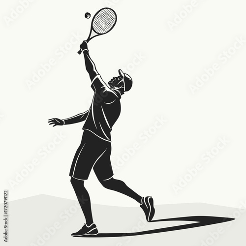 Vector art of silhouette of a male tennis player in action, serving a tennis ball during a match