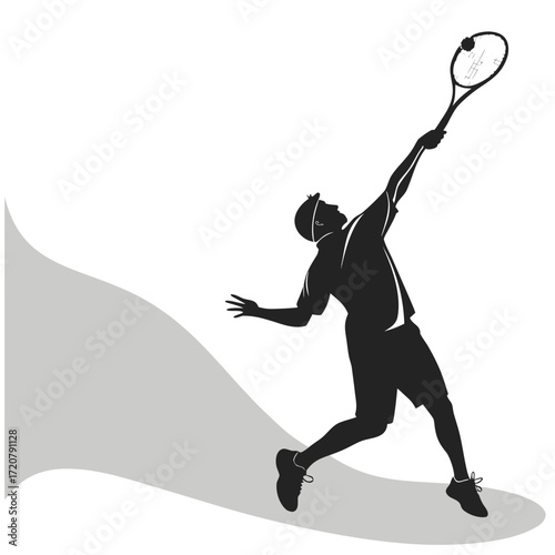 Vector art of silhouette of a male tennis player in action, serving a tennis ball with a racket