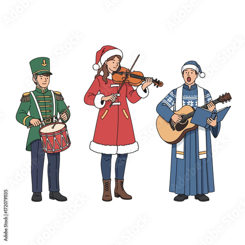Three musicians in festive attire: a drummer, a violinist, and a guitarist with a songbook, all performing.