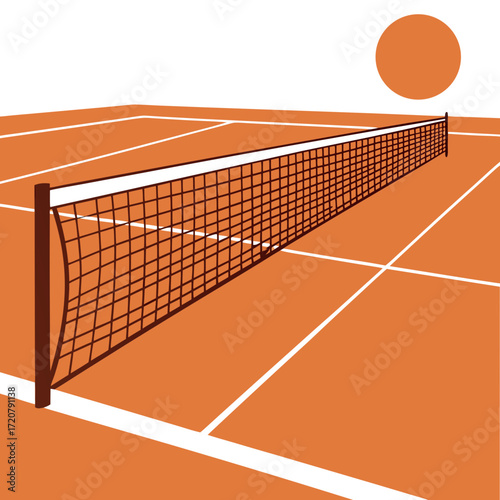 Vector art of tennis court net on an orange clay court with white lines and a sun in the background
