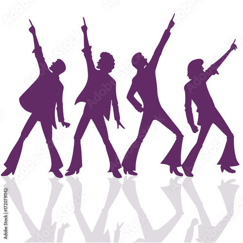 Vector art of silhouette of four disco dancers in purple