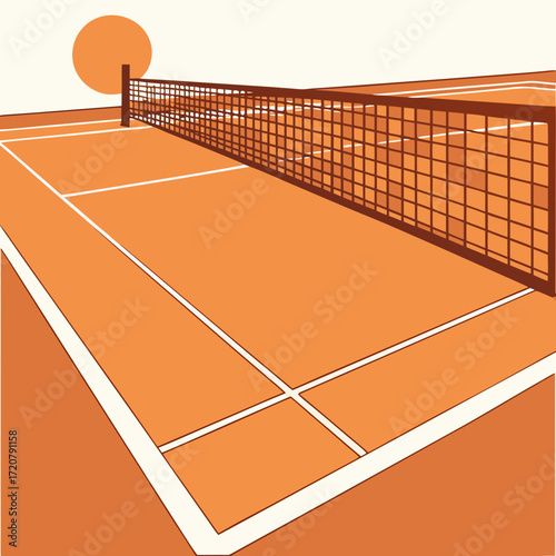 Vector art of a stylized illustration of a tennis court with a net and sun in the background, rendered in warm orange tones