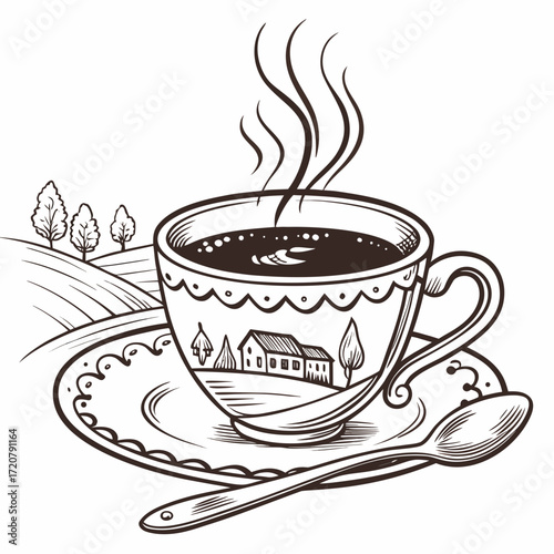 Vector art of a steaming cup of coffee on a saucer with a spoon, set against a rural landscape with rolling hills and trees