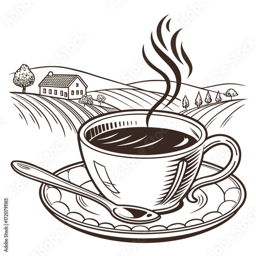 Vector art of a steaming cup of coffee with a spoon on a saucer, set against a rural landscape with rolling hills and a house