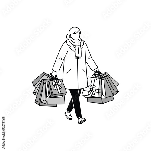 Woman walking with multiple shopping bags in both hands, wearing a coat and scarf.