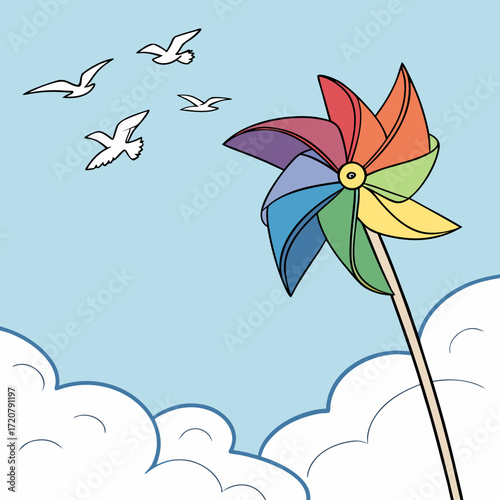 Vector art of colorful pinwheel spinning in the sky with birds flying and clouds below