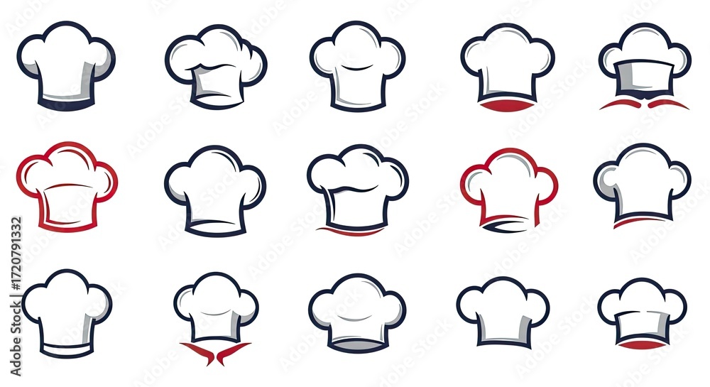 Fototapeta premium A collection of 15 stylized chef hats in various designs and color accents, presented in a grid layout.