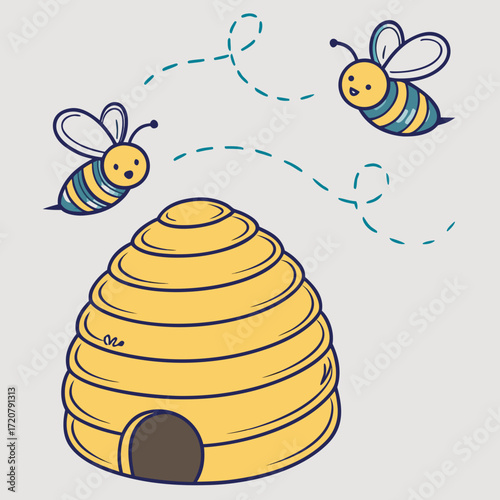 Vector art of cute cartoon bees flying around a beehive, representing nature and teamwork