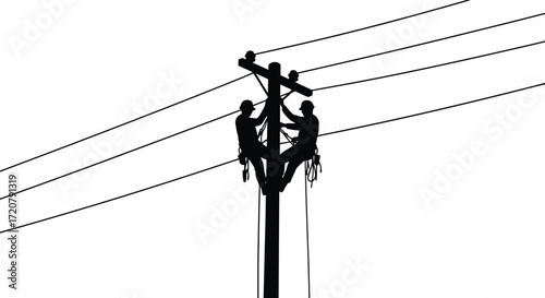 Silhouette of utility workers on a pole maintaining high voltage power lines against bright sky isolated on white background