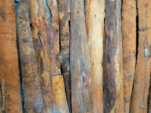 Rustic wooden sticks texture with natural bark and rough surface, suitable for organic design and backgrounds.
