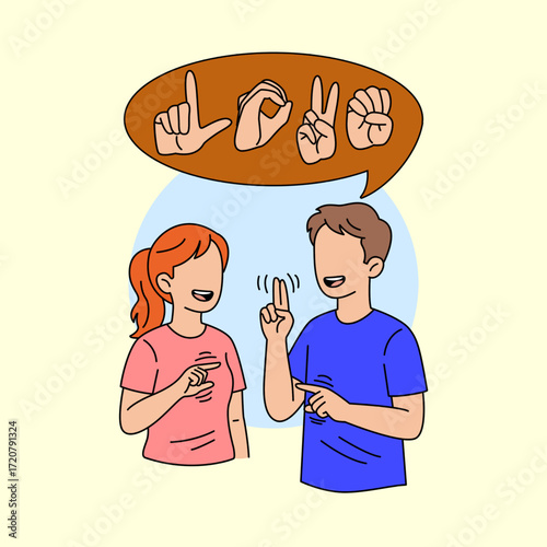 Two deaf people, a young girl and a young boy, communicate using sign language on a bright yellow background. Perfect for celebrating World Deaf Day in September.