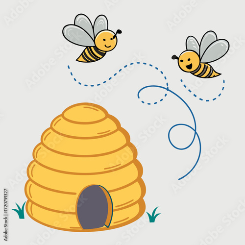 Vector art of cute cartoon bees flying around a beehive with a dotted flight path, symbolizing nature and teamwork
