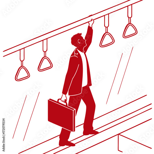 Vector art of man holding onto a handrail on a moving train, carrying a briefcase