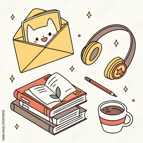 Vector art of cute kawaii illustration of a cat in an envelope, books, headphones, pencil, and coffee cup