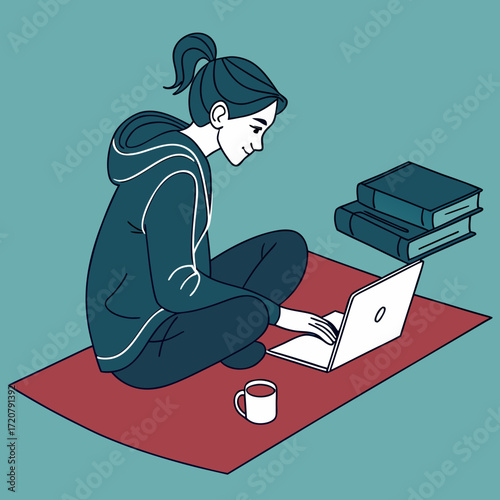 Vector art of young woman sitting crosslegged on a mat with a laptop and a cup of coffee, studying or working remotely