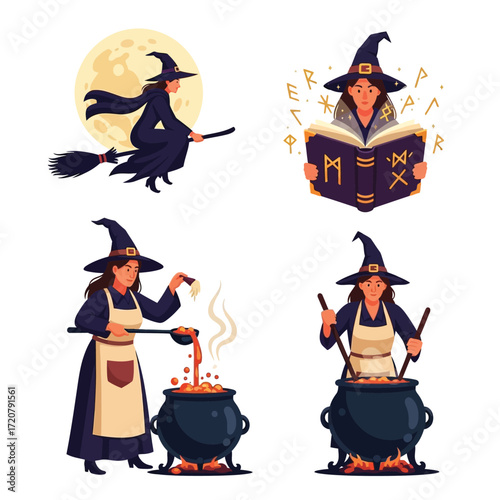 A witch's enchanting activities: flying on a broomstick, studying runes, brewing potions in a cauldron.