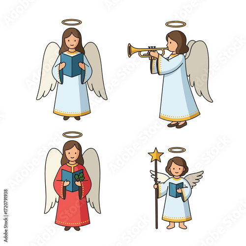Four cartoon angels, each performing a different Christmas carol activity, like singing, playing trumpet, or holding a star.