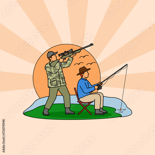 A clip art illustration of a hunter aiming his hunting rifle with someone casually fishing on a beige background. Perfect for celebrating National Hunting and Fishing Day in September.