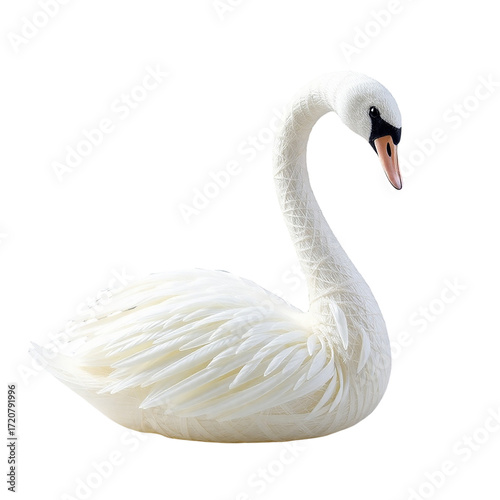 Majestic White Swan Gracefully Resting with Elegant Neck Curvature Against a Stark Black Backdrop Showcasing its Pure Beauty