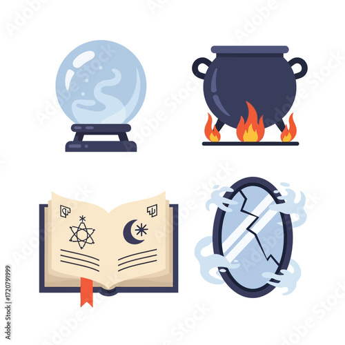 Flat design icons depicting elements of witchcraft and magic, including a crystal ball, cauldron, open book, and broken mirror.