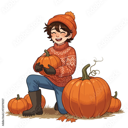A joyful boy kneels amidst pumpkins, happily holding a smaller one, autumn leaves scattered nearby.