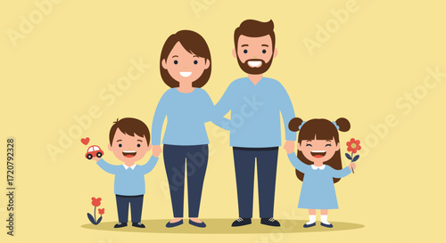 Charming family portrait with two children holding flowers on a light yellow backdrop isolated on white background