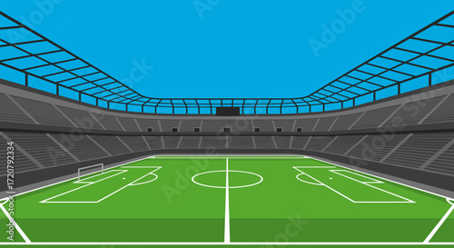 Vibrant football stadium perspective with green field and blue sky ambiance isolated on white background