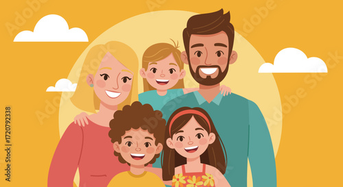 Happy diverse family poses together smiling warmly featuring parents and three children outdoor scene isolated on white background