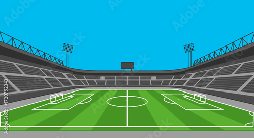 Vibrant soccer stadium scene with lush green field and bright blue sky isolated on white background