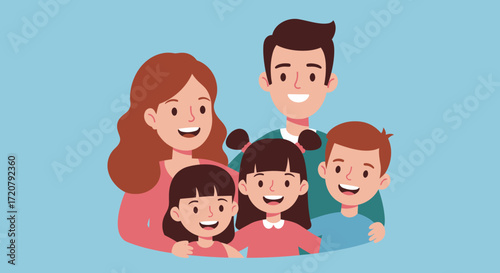 Joyful family portrait with parents and three children celebrating togetherness and happiness isolated on white background