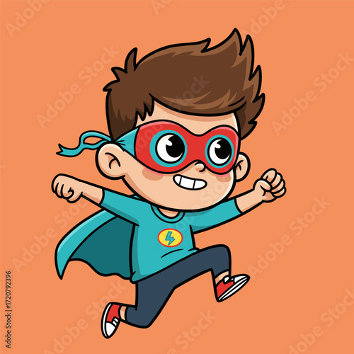 Excited child with spiky brown hair leaping in superhero pose, wearing turquoise cape and red mask.