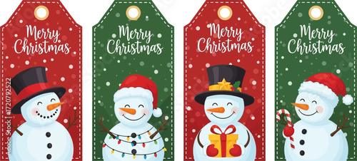Four cheerful snowmen with festive hats and gifts, wishing Merry Christmas