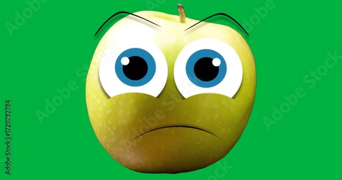Animated green apple showing frown on transparent background with stylized eyes for marketing