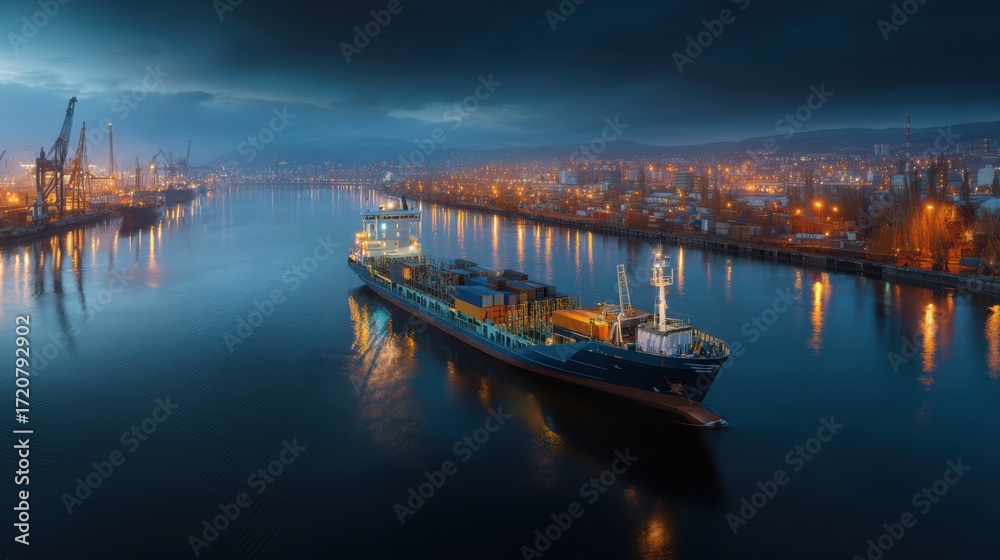 Fototapeta premium Cargo ship navigating calm waters under dramatic sky illuminated by city lights in a bustling harbor at twilight