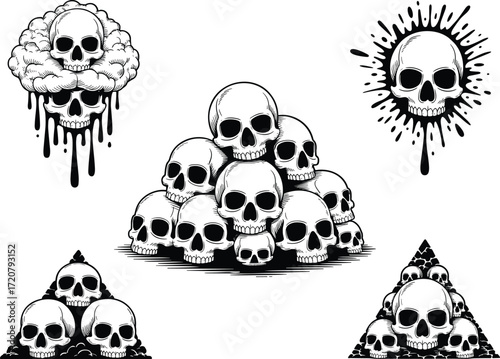 Artistic Skull Illustrations in Pyramid and Explosion Forms Representing Gothic Style, Mortality, Danger, Horror, Symbolism, and Dark Aesthetics