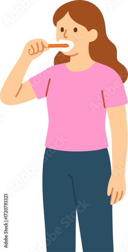 Young woman brushing teeth with toothpaste