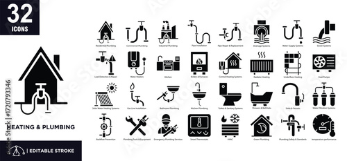  Heating And Plumbing glyph icon set