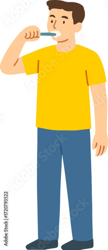 Young man brushing teeth with toothpaste
