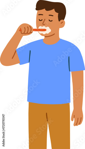 Young man brushing teeth with toothpaste