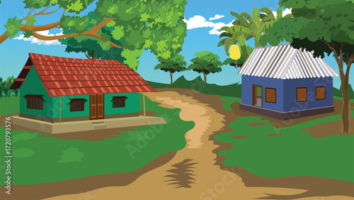 Charming village scene showcasing traditional homes in a serene landscape with lush greenery and a peaceful atmosphere perfect for storybook illustrations