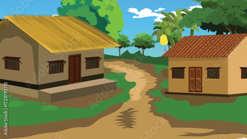 Charming village scene with traditional houses and lush greenery under a bright sky, evoking peace and simplicity in a rural landscape