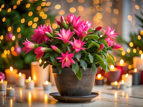 Blooming christmas cactus in a pot with candles and christmas tree in the background