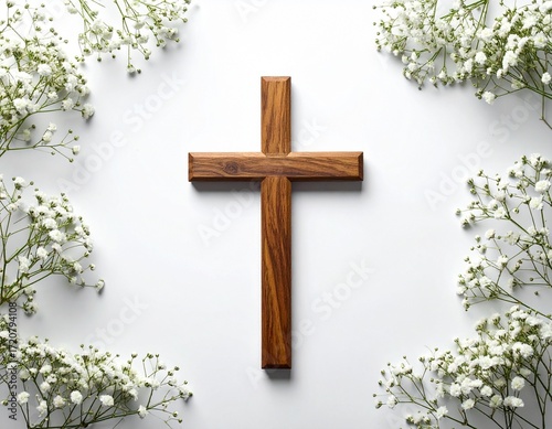 Centered Wooden Cross with Baby’s Breath on White Background