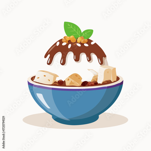 
A Korean patbingsu bowl with shaved ice, chocolate sauce, and toppings. This illustration represents a popular dessert in a modern, flat-style design.