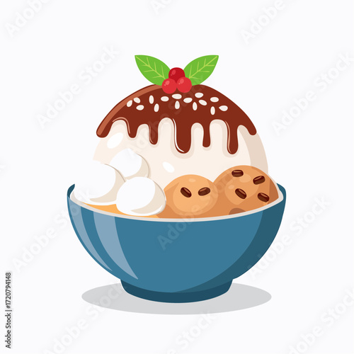 
A Korean patbingsu bowl with shaved ice, chocolate sauce, and toppings. This illustration represents a popular dessert in a modern, flat-style design.