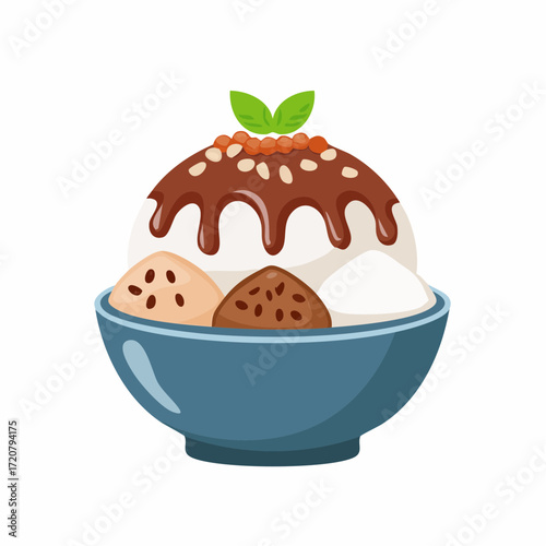 
A Korean patbingsu bowl with shaved ice, chocolate sauce, and toppings. This illustration represents a popular dessert in a modern, flat-style design.