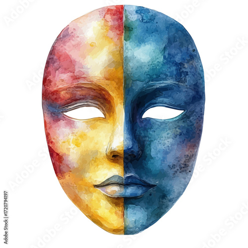 watercolor vector of Wooden Mask, isolated on a white background.